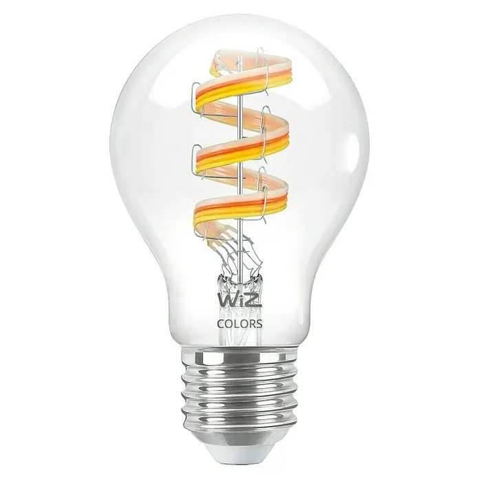 Philips Wiz Smart-LED-Lampe - E27, Dimmbar, RGBW, 470 lm, 6,3 W, 1 Stk. - Klare LED-Glühbirne mit spiralförmigem Filament und silbernem Schraubsockel, mit WiZ COLORS Branding.