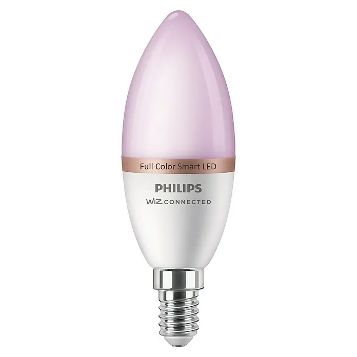 WiZ Smart-LED-Lampe - E14, Dimmbar, RGBW, 470 lm, 4,9 W, 1 Stk. - Philips Wiz Connected Full Color Smart LED Kerzenlampe mit lila transluzenter Kappe, weißem Sockel und E14 Schraubfassung.