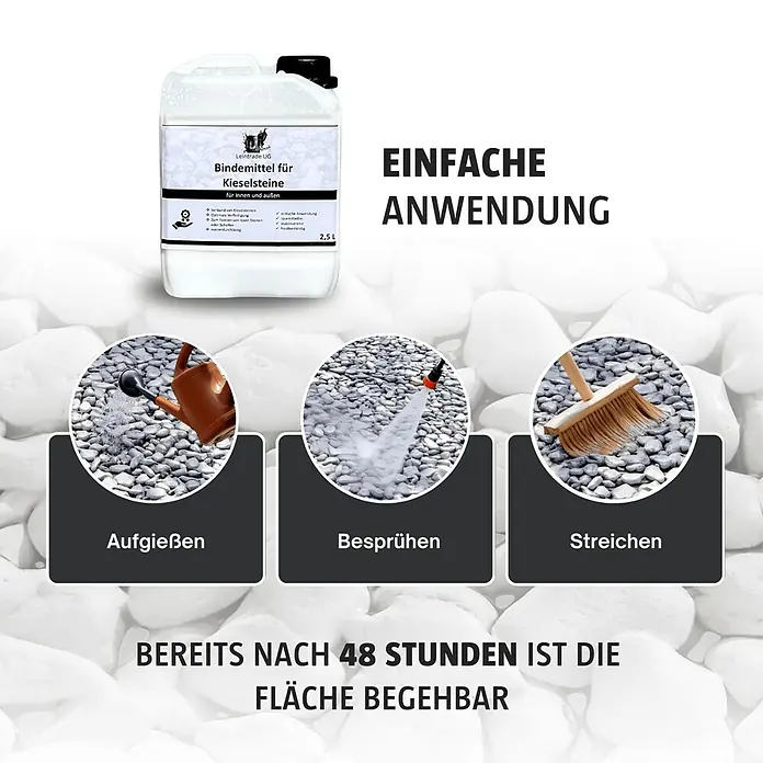 Leintrade Bindemittel für Kieselsteine - 10 l - Weißer Kunststoffkanister mit Kieselsteinbindemittel, zeigt Anwendungsmethoden wie Gießen, Sprühen und Streichen.