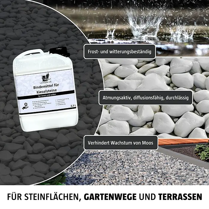 Leintrade Bindemittel für Kieselsteine - 10 l - Weißer 2,5L Kanister Bindemittel für Kieselsteine, fixiert Steinflächen, Gartenwege und Terrassen, frostbeständig und atmungsaktiv, verhindert Moos.
