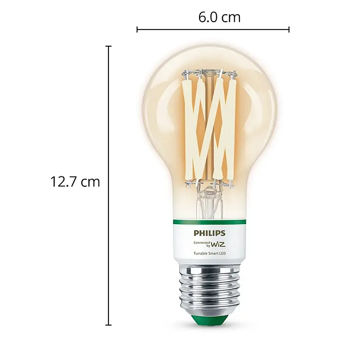 Philips Wiz Smart-LED-Lampe - E27, Dimmbar, Neutralweiß, 903 lm, 8 W, 1 Stk. - Bernstein getönte Philips WiZ Smart LED Lampe, 12,7 cm hoch, 6,0 cm breit, mit sichtbaren Filamenten.