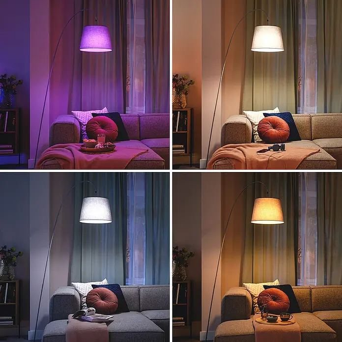 Philips Wiz Smart-LED-Lampe - E27, Dimmbar, RGBW, 2.452 lm, 18,5 W, 1 Stk. - Bogenförmige Stehlampe mit verschiedenen Lichtfarben und Ambiente in einem gemütlichen Wohnzimmer.