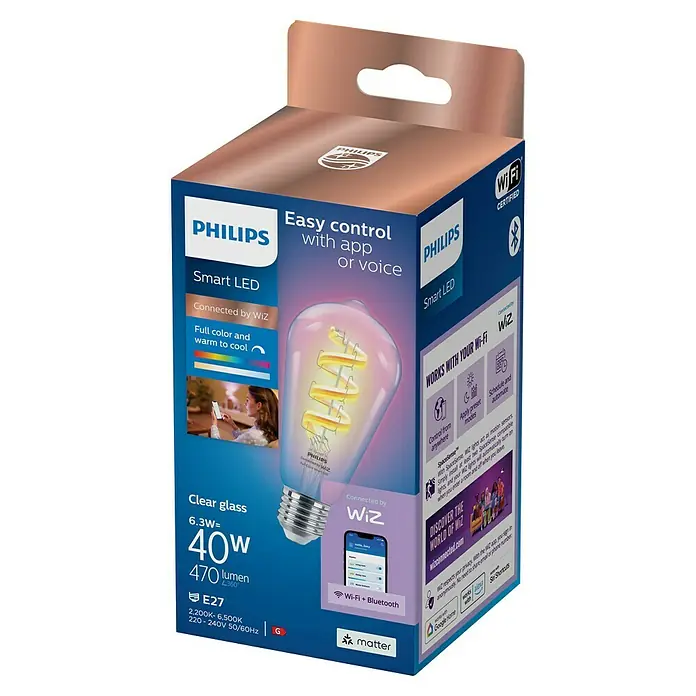 Philips Wiz Smart-LED-Lampe Edison - E27, Dimmbar, RGBW, 470 lm, 6,3 W, 1 Stk. - Klare Philips Smart LED Birne in der Verpackung.