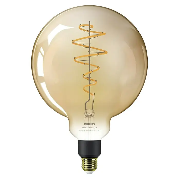 Philips Wiz Smart-LED-Lampe - E27, Dimmbar, Neutralweiß, 390 lm, 6 W, 1 Stk. - Bernsteinfarbene kugelförmige Philips WiZ Smart LED-Lampe mit sichtbarem Spiralfaden und goldener Schraubfassung.