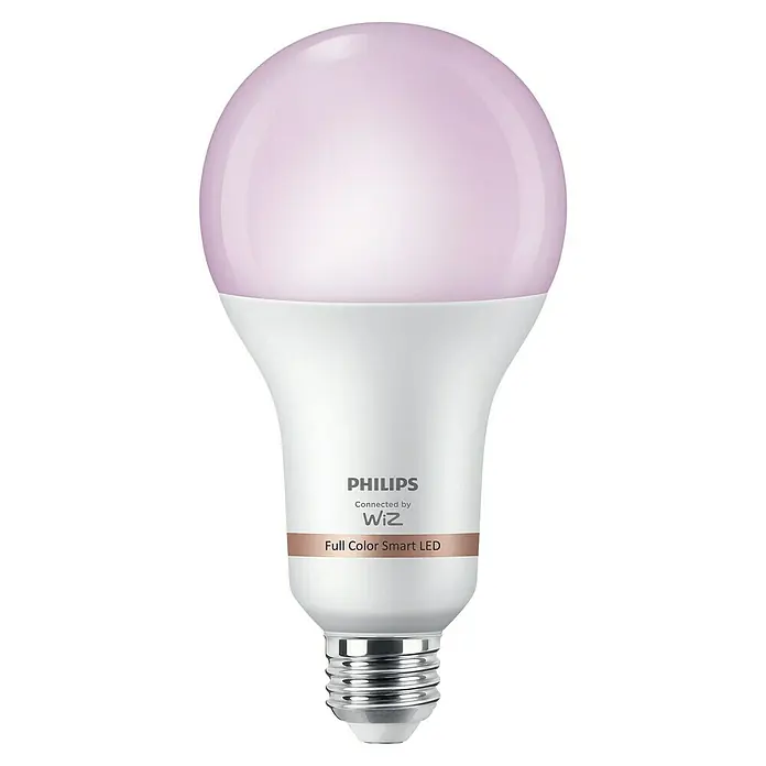 Philips Wiz Smart-LED-Lampe - E27, Dimmbar, RGBW, 2.452 lm, 18,5 W, 1 Stk. - Philips WiZ Full Color Smart LED-Birne, weißer Sockel, Metallgewinde, transluzente Kugel leuchtet helllila.