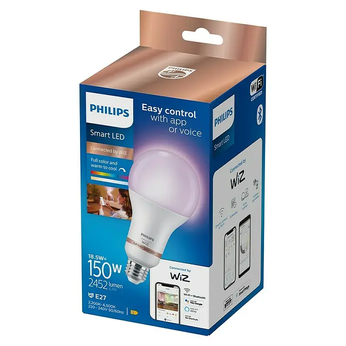 Philips Wiz Smart-LED-Lampe - E27, Dimmbar, RGBW, 2.452 lm, 18,5 W, 1 Stk. - Philips Smart LED E27 Birne in Vollfarbe und warm bis kühl, WiZ-verbunden, in ihrer Verkaufsverpackung.