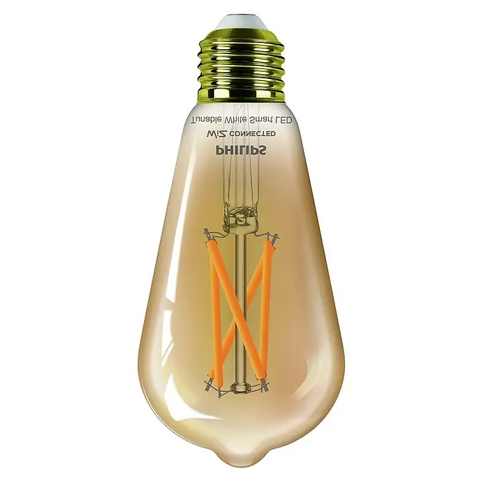 Philips Wiz Smart-LED-Lampe Philips Smart Edison - E27, Dimmbar, Warmweiß, 640 lm, 7 W, 2 Stk. - Vintage-LED-Glühbirne mit goldenem Schraubsockel und bernsteinfarbenem Glas, zeigt sichtbare orangefarbene LED-Filamente.