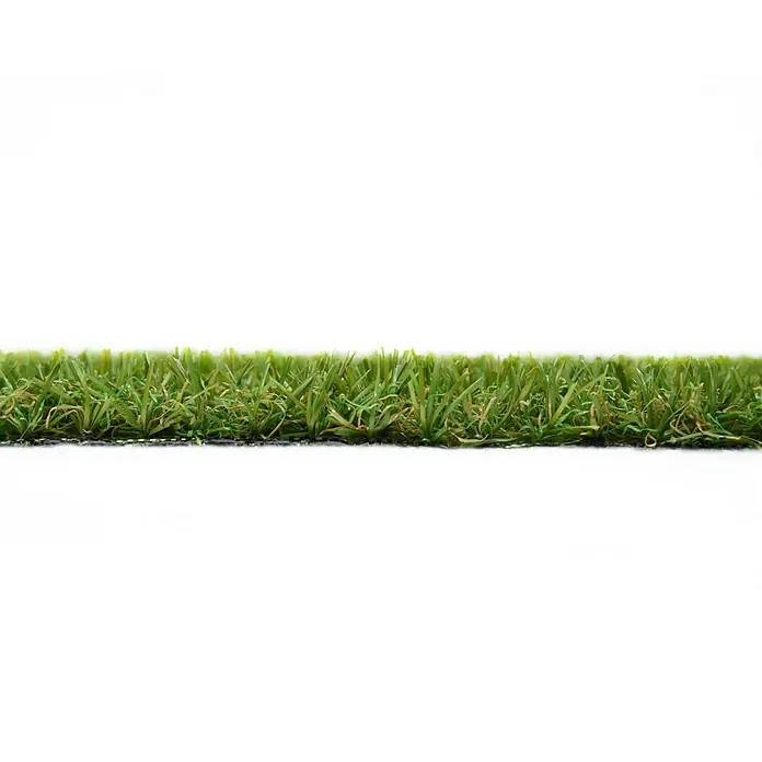 Kunstrasen Meterware Kreta - Breite: 400 cm, Grün, Florhöhe: 15 mm - Künstlicher Rasen in Grün und Gelb mit schwarzer Unterseite.