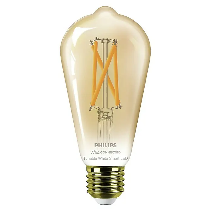 WiZ Smart-LED-Lampe ST64 - E27, Dimmbar, Warmweiß, 640 lm, 7 W, 1 Stk. - Philips WiZ Smart-LED-Glühbirne mit bernsteinfarbenem Glas, sichtbaren Filamenten und Messingsockel.