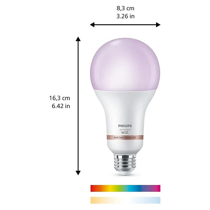 Philips Wiz Smart-LED-Lampe - E27, Dimmbar, RGBW, 2.452 lm, 18,5 W, 1 Stk. - Philips WiZ Full Color Smart LED-Glühbirne, weiß mit hellviolett leuchtendem Oberteil, Maße 16,3 cm hoch und 8,3 cm breit.