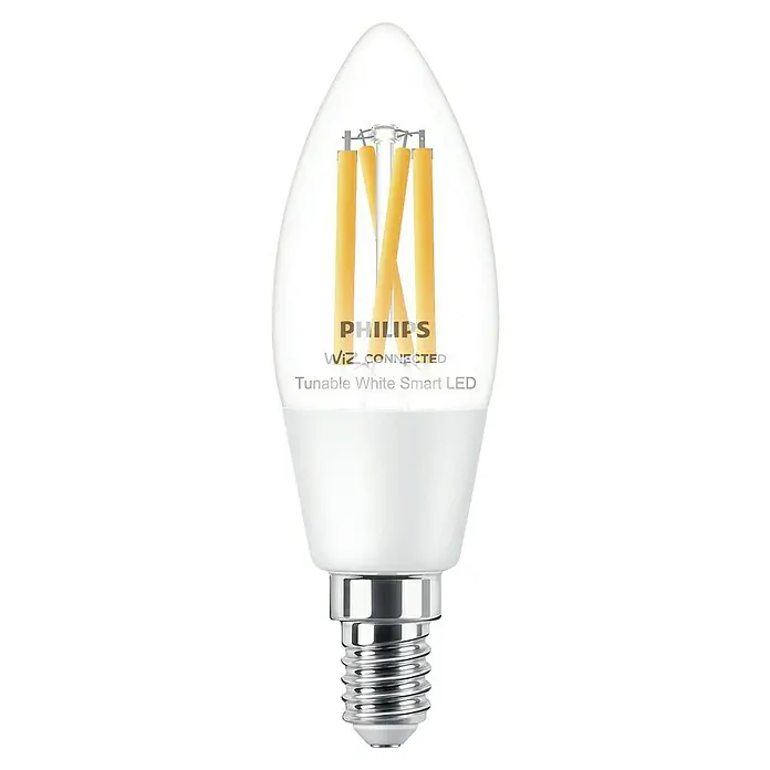Philips Wiz Smart-LED-Lampe - E14, Dimmbar, Neutralweiß, 470 lm, 4,9 W, 1 Stk. - Weiße Philips WiZ Smart LED Kerzenlampe mit sichtbaren gelben Filamenten und silbernem Schraubsockel.