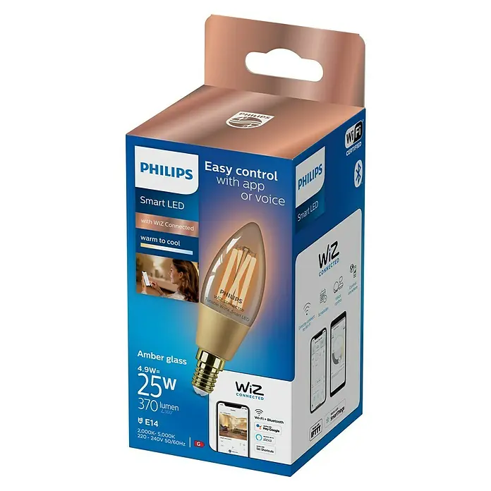 Philips Wiz Smart-LED-Lampe - E14, Dimmbar, Neutralweiß, 370 lm, 4,5 W, 1 Stk. - Philips WiZ Connected E14 Smart LED-Lampe aus Amberglas, von warm bis kaltweiß dimmbar, in Verkaufsverpackung.