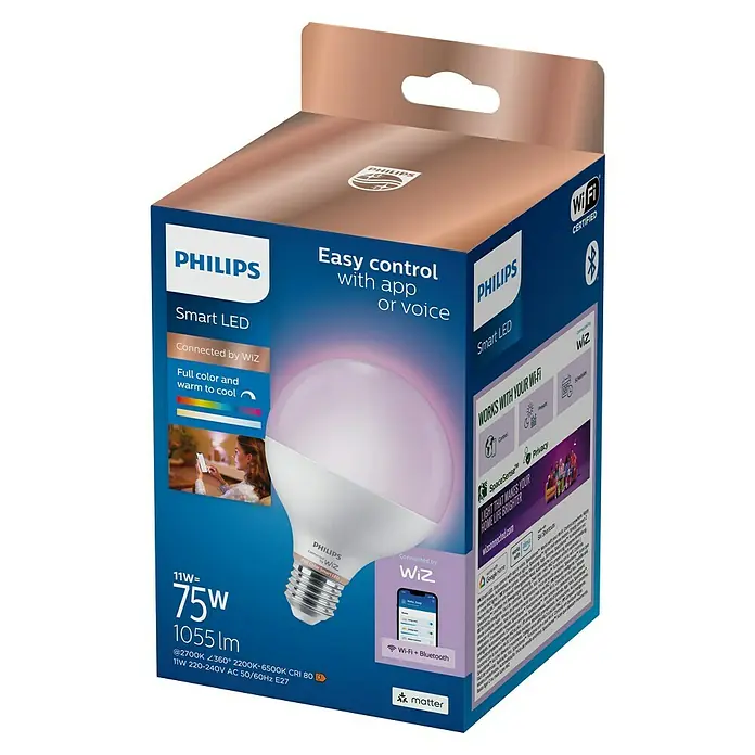Philips Wiz Smart-LED-Lampe Globe - E27, Dimmbar, RGBW, 1.055 lm, 11 W - Philips Smart LED WiZ Lampe (Vollfarbe, abstimmbares Weiß) in blau/brauner Verpackung.