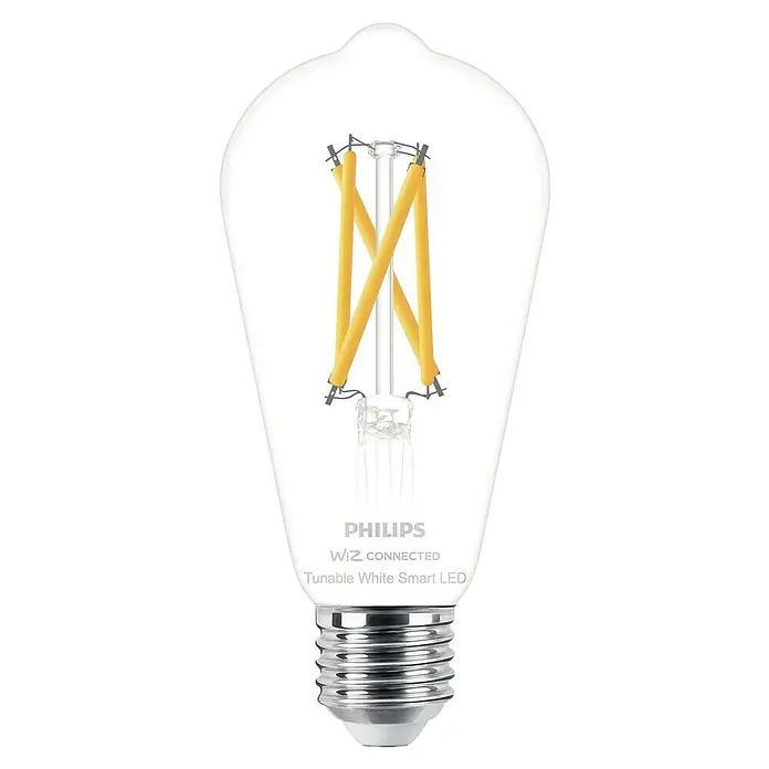 WiZ Smart-LED-Lampe ST64 - E27, Dimmbar, Warmweiß, 806 lm, 7 W, 1 Stk. - Philips WiZ Tunable White Smart LED-Glühbirne mit klarem Glasgehäuse, sichtbaren gelben Zickzack-Filamenten und silbernem Schraubsockel.