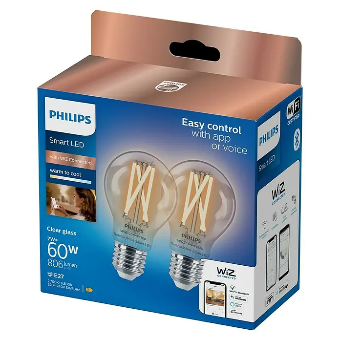 Philips Wiz Smart-LED-Lampe - E27, Dimmbar, Neutralweiß, 806 lm, 7 W, 2 Stk. - Philips Smart LED WiZ Connected 2er-Pack, klare Glas-Tunable-White-Glühbirnen in blauer Verpackung für Smart-Home-Integration.