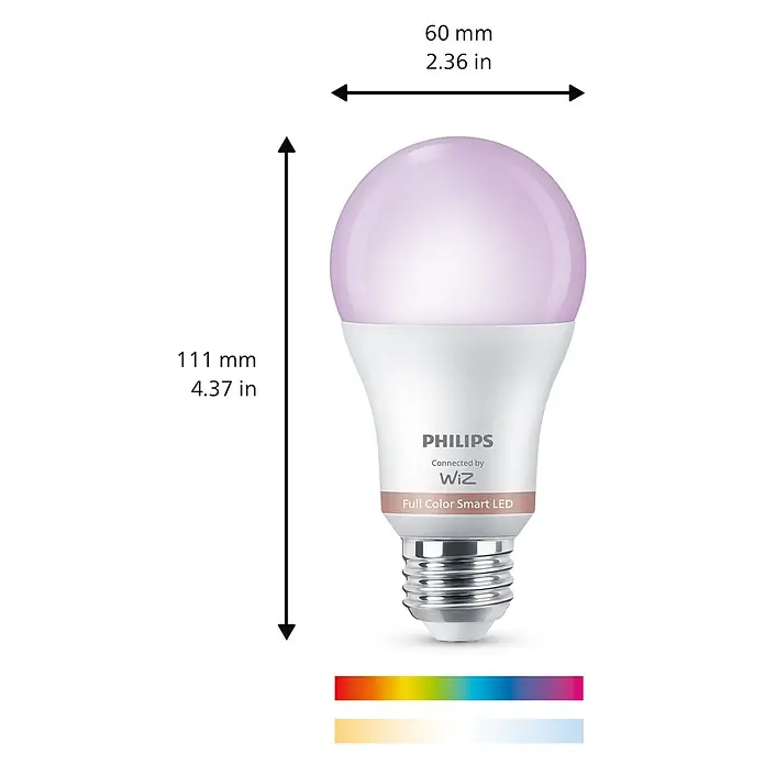 Philips Wiz Smart-LED-Lampe matter - E27, Dimmbar, RGBW, 806 lm, 8,5 W, 2 Stk. - Philips Wiz Full Color Smart LED-Birne, 111x60mm, mit violetter Kappe, weißem Gehäuse und Metallschraubsockel.