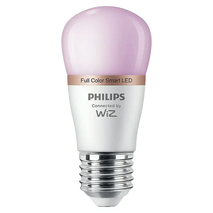 Philips Wiz Smart-LED-Lampe matter - E27, Dimmbar, RGBW, 470 lm, 4,9 W, 1 Stk. - Philips WiZ Vollfarb-Smart-LED-Birne mit lila Oberseite, weißem Gehäuse und silbernem Schraubsockel.