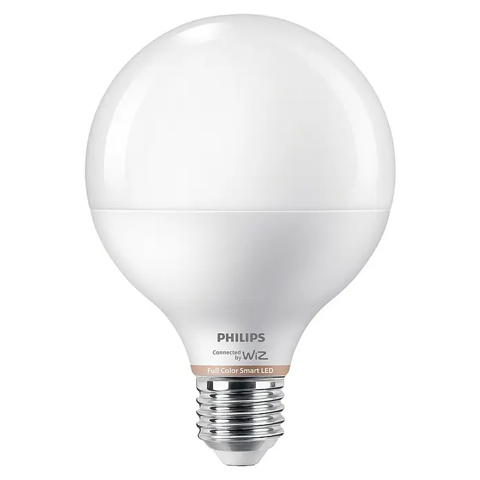 Philips Wiz Smart-LED-Lampe Globe - E27, Dimmbar, RGBW, 1.055 lm, 11 W - Philips Wiz Full Color Smart LED Glühbirne, weiß mit metallischem Schraubsockel.