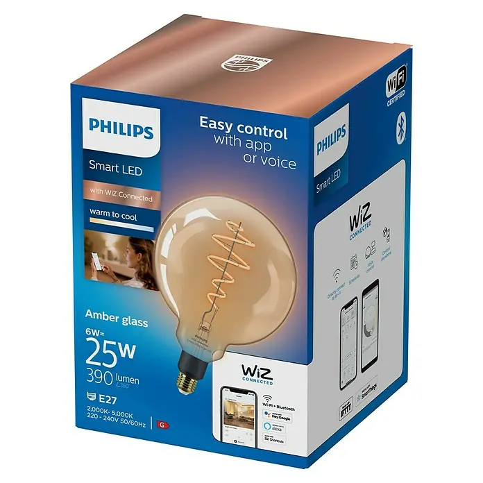 Philips Wiz Smart-LED-Lampe - E27, Dimmbar, Neutralweiß, 390 lm, 6 W, 1 Stk. - Philips Smart LED WiZ Connected Glühbirne in Amberglas-Verpackung, mit App-/Sprachsteuerung und einstellbarem Weißlicht.