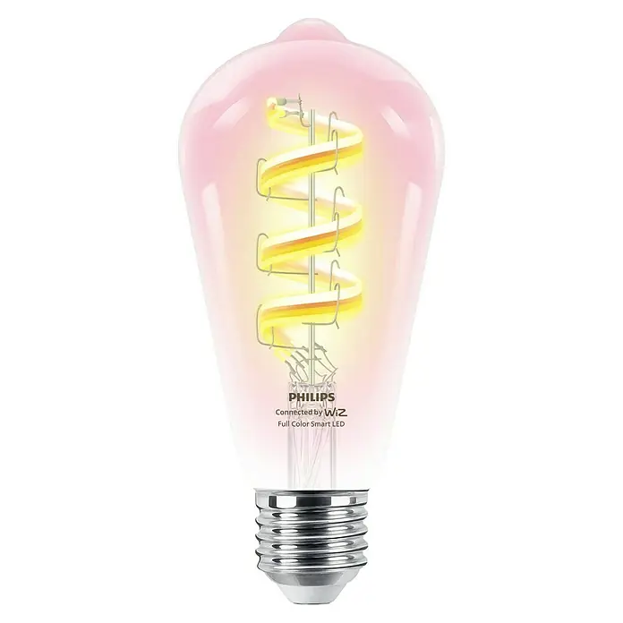 Philips Wiz Smart-LED-Lampe Edison - E27, Dimmbar, RGBW, 470 lm, 6,3 W, 1 Stk. - Philips WiZ Smart-LED-Glühbirne mit rosafarbenem Glasgehäuse, leuchtendem gelbem Spiralfaden und E27-Schraubsockel.