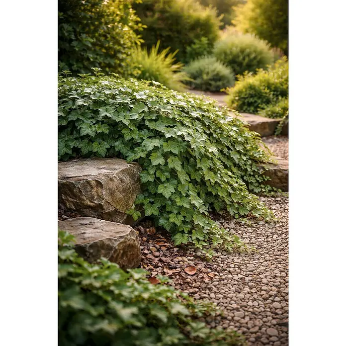 Piardino Efeu - Hedera helix, Grün/Gelb - Üppiger grüner Efeu rankt über große Natursteine neben einem hellbraunen Kiesweg in einem sonnigen Garten.
