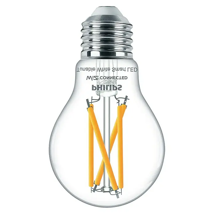 Philips Wiz Smart-LED-Lampe - E27, Dimmbar, Neutralweiß, 806 lm, 7 W, 2 Stk. - Klare LED-Glühbirne mit silbernem Sockel und sichtbaren gelben Filamenten, mit Text auf dem Glas.