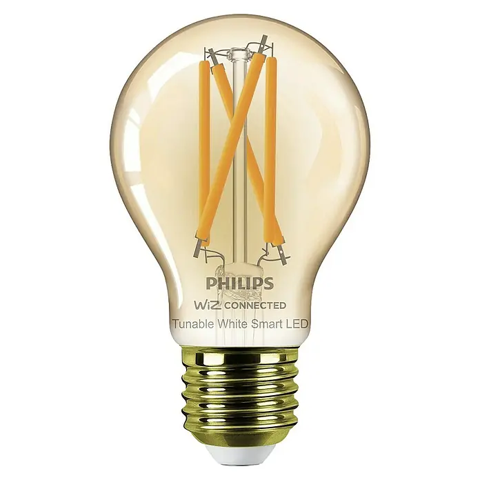 WiZ Smart-LED-Lampe A60 - E27, Dimmbar, Warmweiß, 640 lm, 7 W, 1 Stk. - Philips Wiz Connected Tunable White Smart LED-Glühbirne mit klarem Glas, sichtbaren Filamenten und goldenem Schraubsockel.