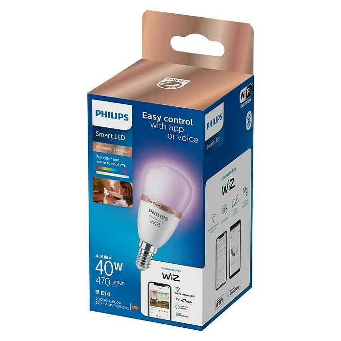 Philips Wiz Smart-LED-Lampe matter - E14, Dimmbar, RGBW, 470 lm, 4,9 W, 1 Stk. - Philips WiZ Smart LED Lampe E14 in Verpackung. Bietet Vollfarbe, einstellbares Weiß, Wi-Fi und App-/Sprachsteuerung.