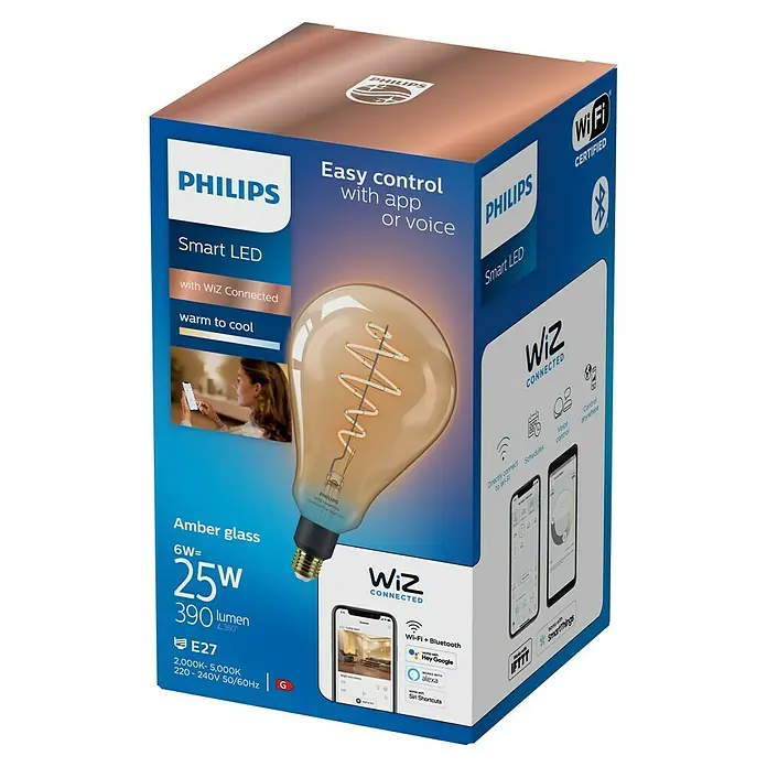 Philips Wiz Smart-LED-Lampe - E27, Dimmbar, Neutralweiß, 390 lm, 4,5 W, 1 Stk. - Philips WiZ Connected Smart LED-Birne aus Amberglas, E27-Fassung, auf der Verpackung, die App-/Sprachsteuerung und warmes bis kühles Licht hervorhebt.