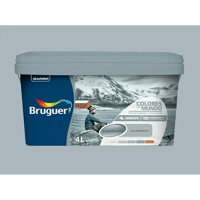 Bruguer Colores del Mundo Pintura para paredes - Escandinavia gris intermedio, Mate, 4 l - Un bote de pintura Bruguer "Colores del Mundo" en "Escandinavia Gris Intermedio", ideal para paredes y techos, con 4 litros de capacidad.