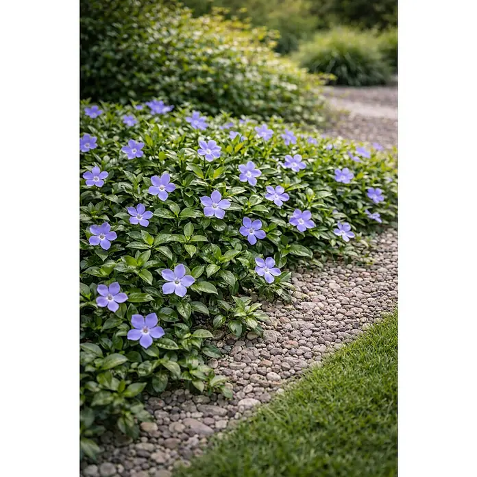 Piardino Kleinblättriges Immergrün - Vinca minor, Topfgröße: 9 cm, Blau - Violette Immergrünblüten und grüne Blätter säumen einen Kieselweg und Gras.