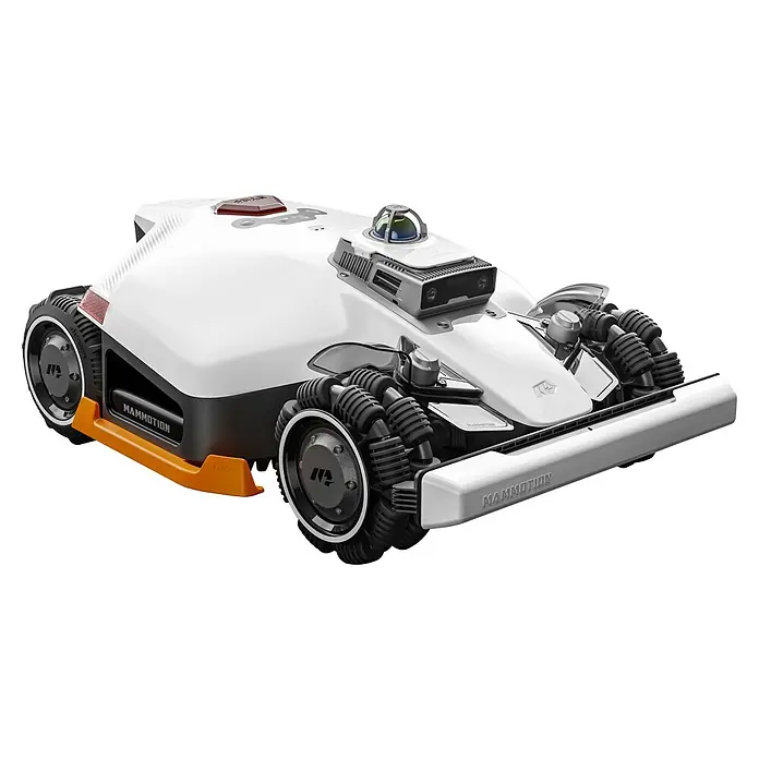 Mammotion Mähroboter LUBA 3 AWD 3000 - 3.000 m², Schnittbreite: 40 cm, Laser-gestützte Navigation, LiDAR - Weißer und schwarzer Rasenroboter mit orangen Akzenten, ausgestattet mit Sensoren und omnidirektionalen Rädern für autonome Gartenpflege.
