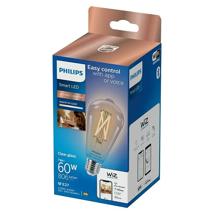 WiZ Smart-LED-Lampe ST64 - E27, Dimmbar, Warmweiß, 806 lm, 7 W, 1 Stk. - Philips Smart LED WiZ Connected Glühbirne in blau-brauner Verpackung, zeigt abstimmbare weiße Lichtfunktionen und E27-Sockel.