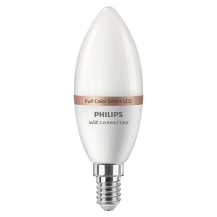 Philips Smart-LED-Lampe - E14, Dimmbar, RGBW, 470 lm, 4,9 W, 2 Stk. - Weiße Philips WiZ Full Color Smart LED Kerzenlampe mit roségoldenem Band und metallischem E14 Schraubsockel.