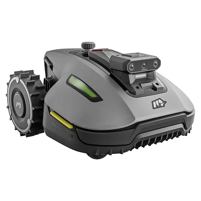 Mammotion Mähroboter YUKA Mini 2 800 - 800 m², Schnittbreite: 19 cm, Satellitengestützte Navigation - Grauer Mähroboter mit großen Profilrädern, oben montierten Sensoren, grüner LED-Leuchte und gelbem Griff.