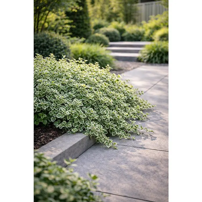 Piardino Spindelstrauch Emerald Gaiety - Euonymus fortunei 'Emerald Gaiety', Grün mit weißer Umrandung - Üppige, grün-weiß panaschierte Bodendeckerpflanze kaskadiert über grauen Betonrandweg im Garten.