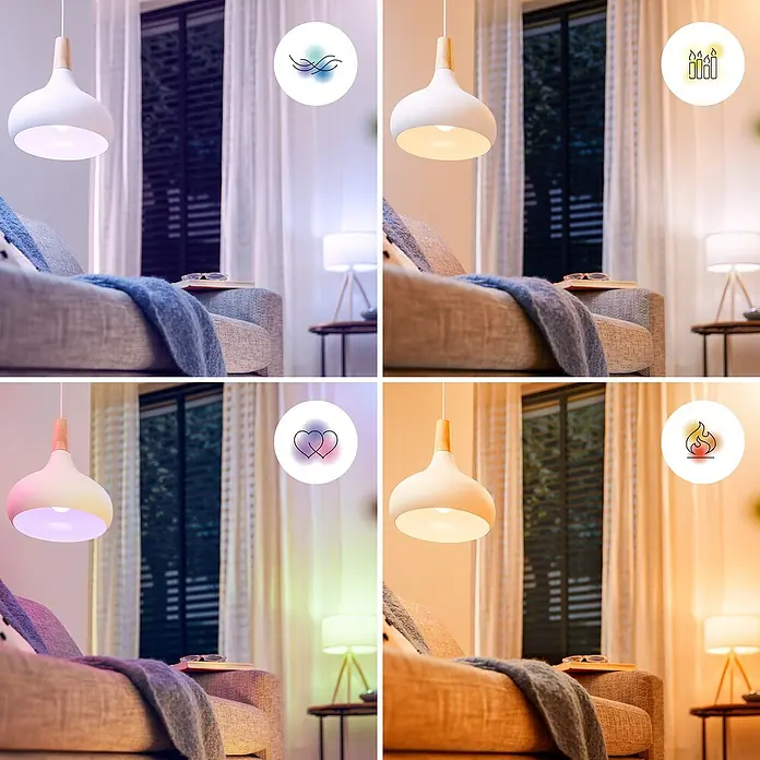 Philips Wiz Smart-LED-Lampe - E27, Dimmbar, RGBW, 2.452 lm, 18,5 W, 1 Stk. - Weiße Pendelleuchte mit Holz-Akzent, im Wohnzimmer in verschiedenen Lichtfarben und Stimmungen gezeigt.