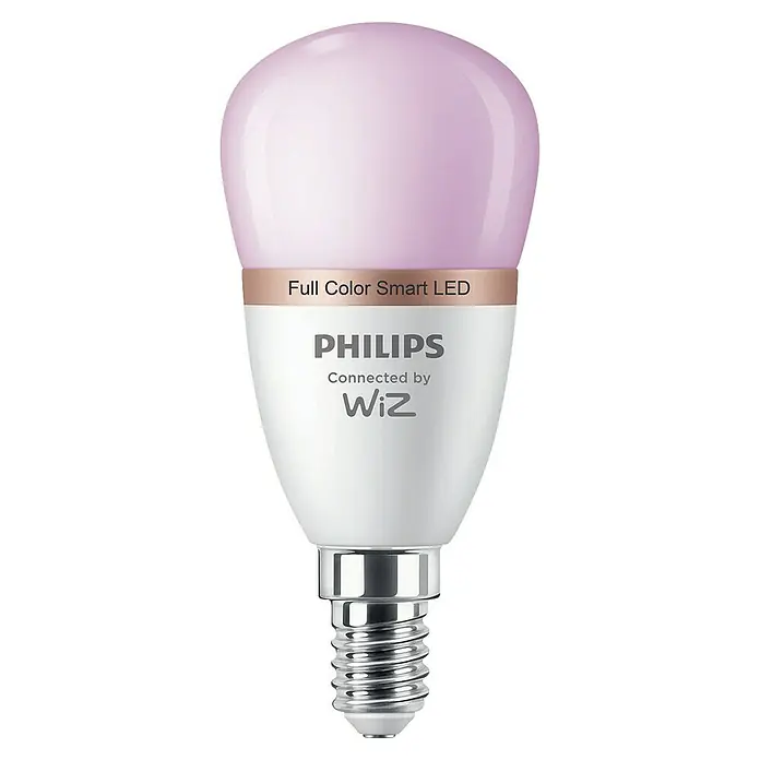 Philips Wiz Smart-LED-Lampe matter - E14, Dimmbar, RGBW, 470 lm, 4,9 W, 1 Stk. - Philips WiZ Vollfarb-Smart-LED-Birne mit hellvioletter Spitze, weißem Gehäuse und metallischem E14-Schraubsockel.