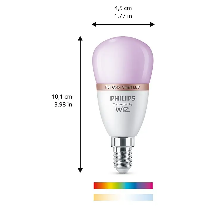 Philips Wiz Smart-LED-Lampe matter - E14, Dimmbar, RGBW, 470 lm, 4,9 W, 1 Stk. - Philips Wiz Full Color Smart LED-Birne, lila/weiß, 10,1 cm hoch, 4,5 cm breit, mit Farbspektrumleisten.