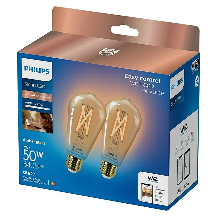 Philips Wiz Smart-LED-Lampe Philips Smart Edison - E27, Dimmbar, Warmweiß, 640 lm, 7 W, 2 Stk. - Philips Smart LED Amberglas-Lampen (2er-Pack) mit WiZ Connected abstimmbarer Weißlichtfunktion, in der Verpackung gezeigt.