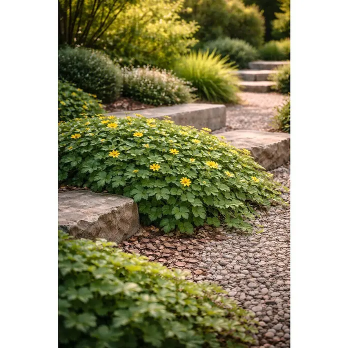 Piardino Dreiblättrige Waldsteinie - Waldsteinia ternata, Gelb - Gartenweg mit Steinstufen und leuchtend gelb blühendem Bodendecker neben einem Kieselweg.