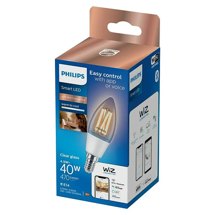 Philips Wiz Smart-LED-Lampe - E14, Dimmbar, Neutralweiß, 470 lm, 4,9 W, 1 Stk. - Philips WiZ Connected Smart LED Glühbirnenverpackung, blau und braun, zeigt Produktmerkmale und App-Steuerung.