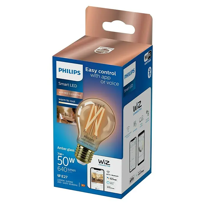 WiZ Smart-LED-Lampe A60 - E27, Dimmbar, Warmweiß, 640 lm, 7 W, 1 Stk. - Philips Smart LED Amberglaslampe in blauer und brauner WiZ Connected Verpackung.
