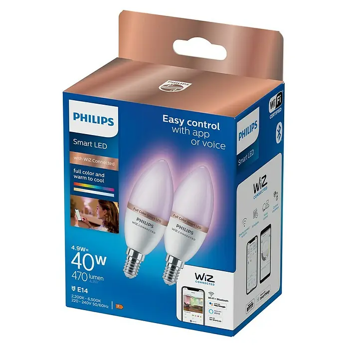 Philips Smart-LED-Lampe - E14, Dimmbar, RGBW, 470 lm, 4,9 W, 2 Stk. - Philips WiZ Connected Smart LED E14 Glühbirnen, 2er-Pack, in blauer und brauner Box. Mit App-/Sprachsteuerung und Farboptionen.