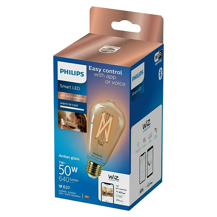 WiZ Smart-LED-Lampe ST64 - E27, Dimmbar, Warmweiß, 640 lm, 7 W, 1 Stk. - Philips WiZ Smart LED Vintage-Glühbirne aus Amberglas in Verpackung, mit App- und Sprachsteuerung, warmweiß bis kühlweiß.