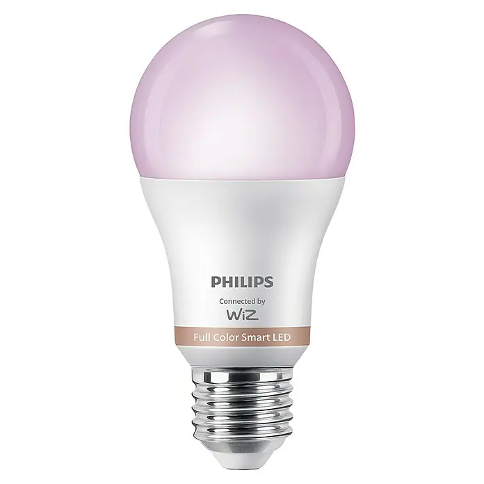 Philips Wiz Smart-LED-Lampe matter - E27, Dimmbar, RGBW, 806 lm, 8,5 W, 2 Stk. - Philips WiZ Full Color Smart LED-Birne mit violettem Licht, weißem Sockel und silbernem Schraubgewinde.
