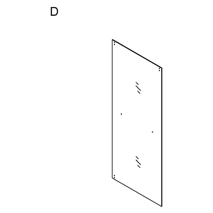 Cristal para puerta de mampara Palermo Set D - Longitud regulable: 670 mm - 690 mm, Espesor de vidrio: 6 mm - Diagrama D: Panel rectangular transparente con cuatro orificios de montaje y líneas diagonales, posiblemente vidrio o acrílico.