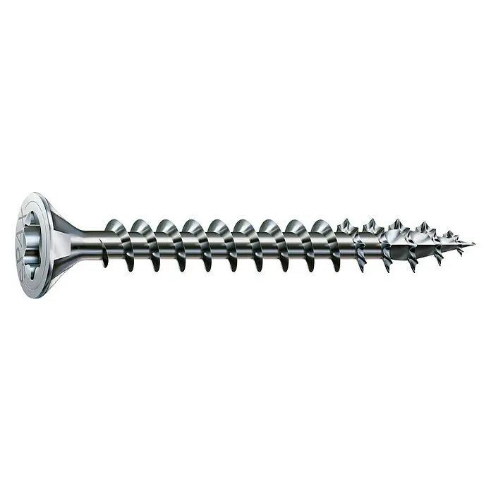 Spax Universalschraube T-Star plusØ x L: 3,5 x 16 mm, WIROX Oberfläche, T-Star plus, 100 Stk. - Hochauflösendes Bild einer einzelnen silberfarbenen Senkkopfschraube mit Teilgewinde und Fräsrippen, ideal für Holzverbindungen.