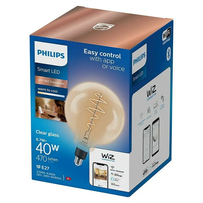 Philips Wiz Smart-LED-Lampe - E27, Dimmbar, Neutralweiß, 470 lm, 7 W, 1 Stk. - Philips Smart LED Glühbirnenverpackung mit WiZ Connected, warm-kaltem Klarglasleuchtmittel, E27, 40W Äquivalent, App-/Sprachsteuerung, WiFi & Bluetooth.