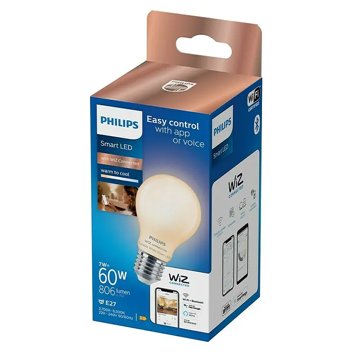 Philips Wiz Smart-LED-Lampe - E27, Dimmbar, Neutralweiß, 806 lm, 7 W, 1 Stk. - Philips WiZ Connected Smart LED-Birnenverpackung, die App-/Sprachsteuerung und einstellbares Licht von warm bis kühl hervorhebt.